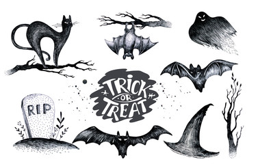 Halloween hand drawing black white graphic set icon, drawn Hallo