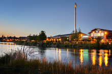 Renovated Old Industrial Buildings In Bend, Oregon, At Twilight