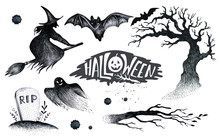 Halloween Hand Drawing Black White Graphic Set Icon, Drawn Hallo