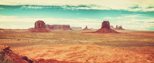 Old Film Retro Stylized Panoramic Picture Of Monument Valley, USA.