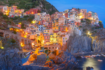 Canvas Print - Aerial night view of Manarola fishing village, seascape in Five lands, Cinque Terre National Park, Liguria, Italy.