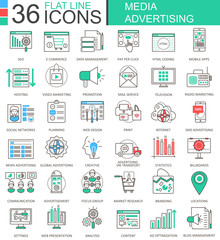 Fototapete - Vector Media advertising modern color flat line outline icons for apps and web design.
