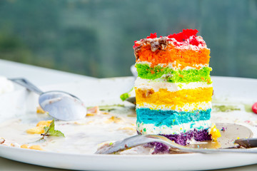 Close up piece of rainbow layer cake