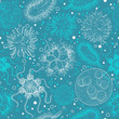 Seamless pattern with microbes and viruses. Hand drawn vector illustration.