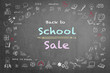 Back to school sale advertisement on black chalkboard encircled by freehand doodle sketch drawing: Sketchy doodles drawn on blackboard with texts announcement of back to school sale
