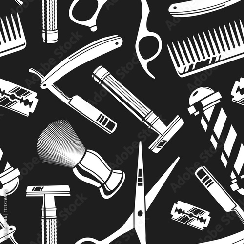 Board z aluminiowym obramowaniem Bezszwowe tło wzór z rocznika narzędzi barber shop