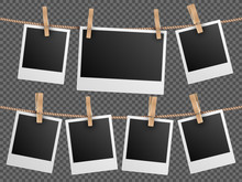 Retro Photo Frames Hanging On Rope Isolated Checkered Transparent Background Vector Illustration