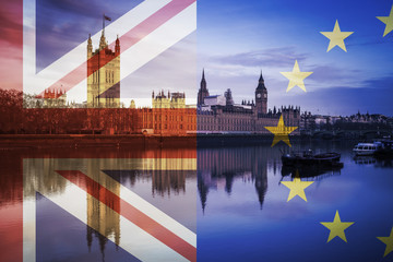 Poster - United Kingdom and European Union flags over the Houses of Parliament and Big Ben in London, England