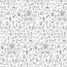 Seamless Pattern Hand Drawn Doodle Happy Halloween Icons Set. Vector Illustration. Holiday Symbols Collection. Cartoon Various Sketch Elements: Pumpkin, Ghost, Bat, Candy Witches Cauldron, Zombie Hand
