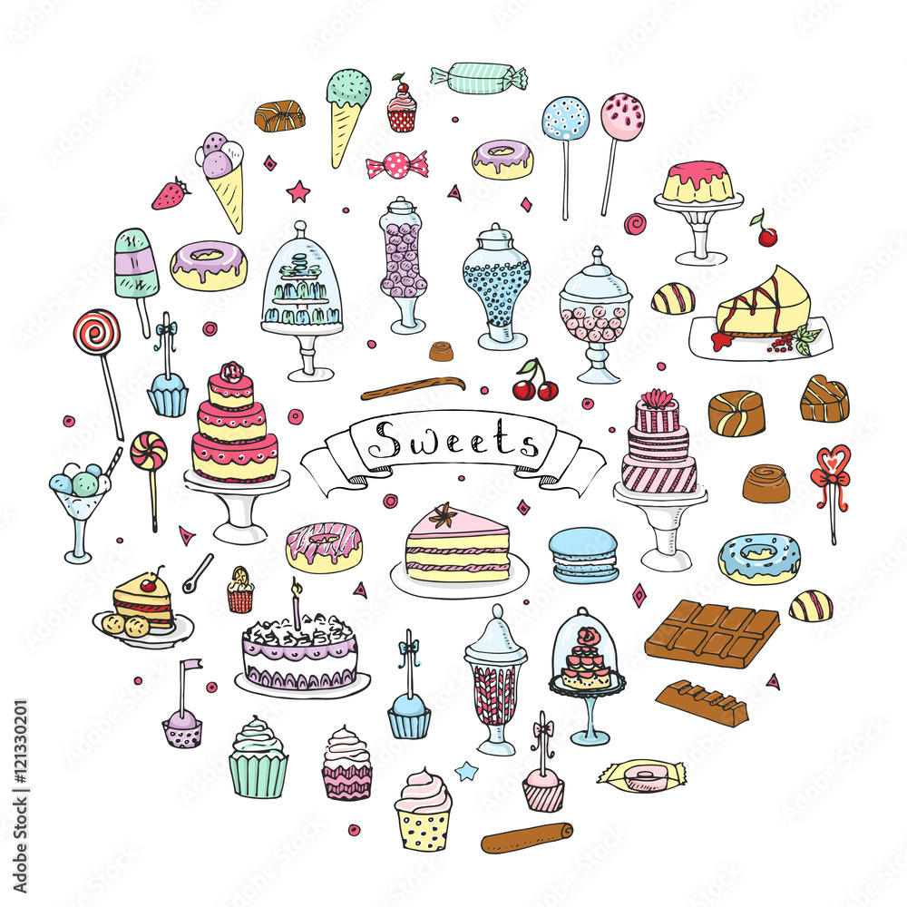 Sweets Ascii Hand drawn doodle Sweets set. Vector illustration. Sketchy Sweet food ...