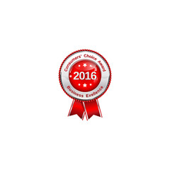 Consumers' Choice award. Business Excellence 2016 - shiny red glossy award ribbon ribbon for business / companies