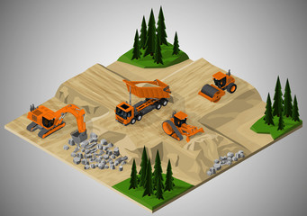 Vector isometric illustration of road construction and machinery involved. Dump truck, bulldozer, road roller and crawler excavator.