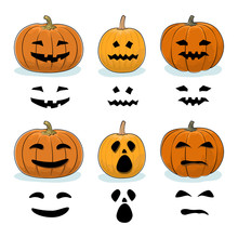 Set Of Carved Scary Halloween Pumpkins, A Jack-o-Lantern, Pumpkin Carving Stencil Templates, Vector Illustration