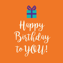 Orange Happy Birthday Greeting Card With A Blue Present
