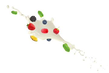 Canvas Print - Milk splash with falling fresh tasty fruits isolated on white