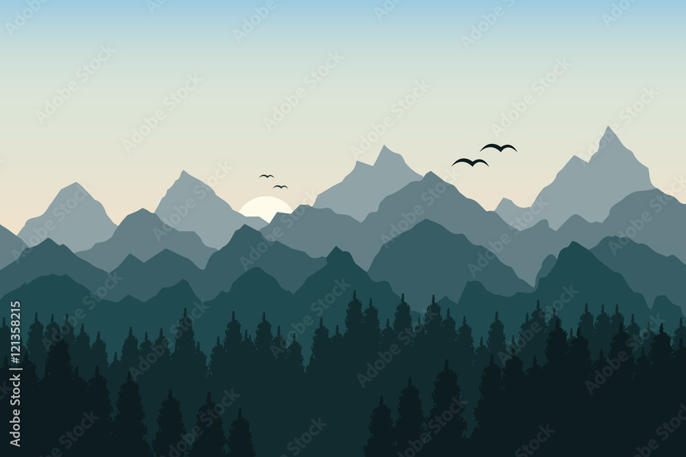 Vector illustration of sunrise in the mountains - obrazy, fototapety, plakaty 