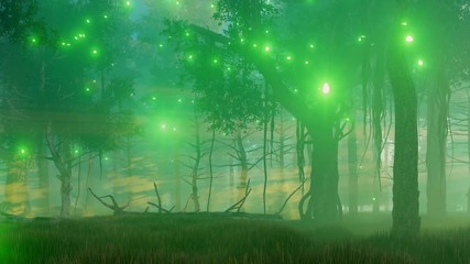 Wall Mural - supernatural fairy firefly lights flying in the air in a scary mysterious forest at misty night. rea