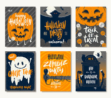 Vector Set Of Halloween Holidays Hand Drawn Invitation Or Greeting Card With Handwritten Calligraphy Greetings, Words And Phrases.