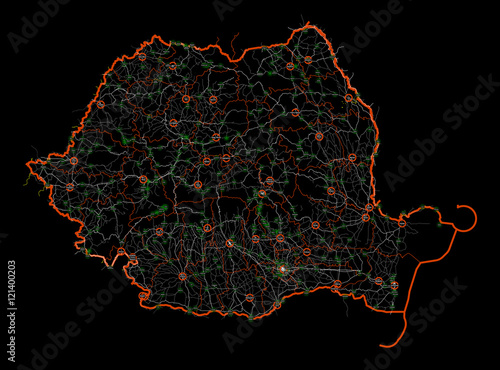 Cuadros en Lienzo Black and white map of Romania. Roads