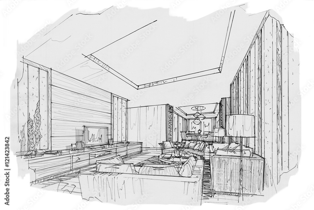 Sketch Interior Perspective Living Room Black And White