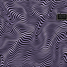 Wavy Striped Vector Background. Violet Pattern On Black. Deformed Space. Abstract Curved Lines.  Zebra Effect. Vector Illustration For Your Design.
