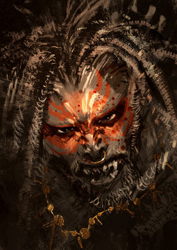 monster portrait showing war paint on face of horror character,digital painting,illustration