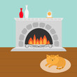 Cute cat lying sleeping on oval carpet rug mat. Funny cartoon character. Fireplace with vase set and clock. Burning fire. Flat design.