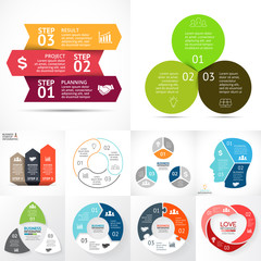 Wall Mural - Vector circle infographic set. Business diagrams, arrows graphs, startup logo presentations, idea charts. Data options, 3 parts, steps, processes. Heart, head, eco leaves, puzzle.