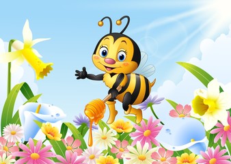 Cartoon bee holding honey dipper with flower background