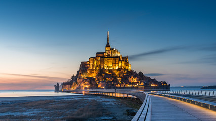 mont saint michel illuminated architecture panoramic beautiful postcard view at dusk in summer low t
