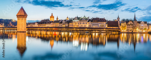 Kapellbrucke Panorama night view Historic Chapel bridge (Famous covered wooden f Poster Mural XXL