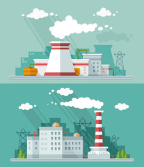 Wall Mural - Industrial landscape set. The nuclear power plant and factory on