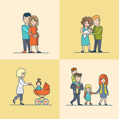 Poster - Linear Flat Family baby pram pregnant hug vector set parenting