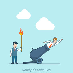 Wall Mural - linear flat ready steady go man burning match fly cannon vector