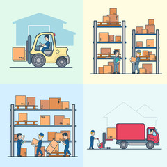 Wall Mural - linear flat vector loader shelve box load van storage business