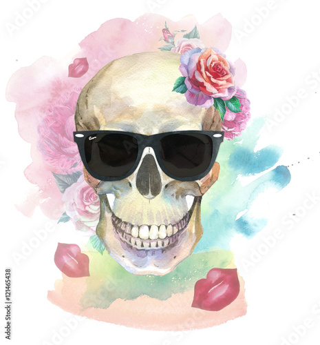 Watercolor Tattoo Concept With Skull In Sunglasses Element