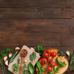 Raw lasagna pasta, vegetables and herbs