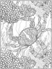 Pattern with decorative corals and sea or aquarium fish. Anti stress coloring book for adult. Outline drawing coloring page.