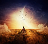 Fototapeta Kosmos - Boy walking on a pathway with a relax mood, following a group of birds on the space horizon. Way of life concept