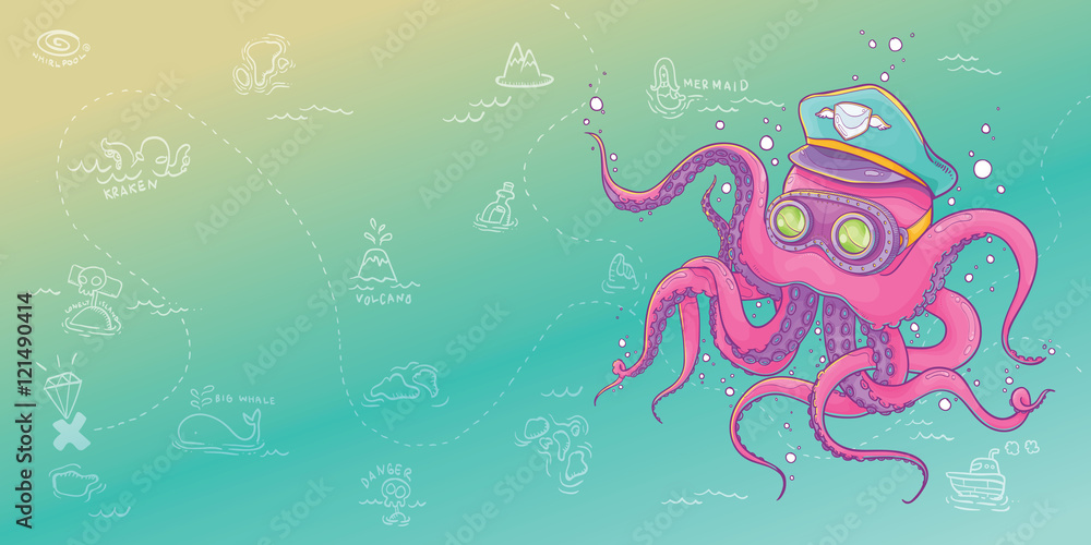 Vector Illustration of Pink Octopus Wearing Captain Hat and Steampunk ...