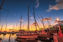 Beautiful Panorama Of Sailing Boats Docked At The Ala Wai Harbor At Twilight The Largest Yacht Harbor Of Hawaii, Situated Between Waikiki And Downtown Honolulu In Oahu, Hawaii.