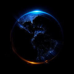 a stylized image of a planet earth. 3d rendering. city light map. abstract lights of technology. abs