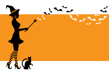 elegant silhouette of a witch holding a magic wand and flying bats. Witch is wearing a hat and striped stockings. Vedbma standing on an orange background with space for text