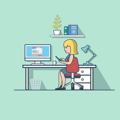 Wall Mural - linear flat business woman working office break interior vector