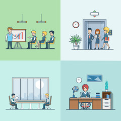 Wall Mural - linear flat businesspeople work places elevator training vector
