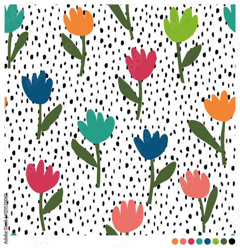 Obraz w ramie Wzór z kolorowymi tulipanami i kropkami