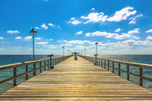 Spectacular Perspective View Of The Famous Anglins Fishing Pier In A Sunny Day With Blue Sky, Lauderdale By The Sea, 30 Miles From Miami, Florida, United States.