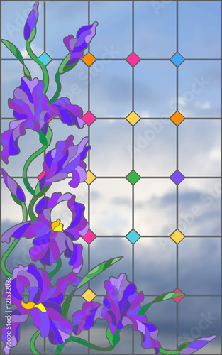 Naklejka - mata magnetyczna na lodówkę Illustration in stained glass style with flowers, buds and leaves of iris against the sky