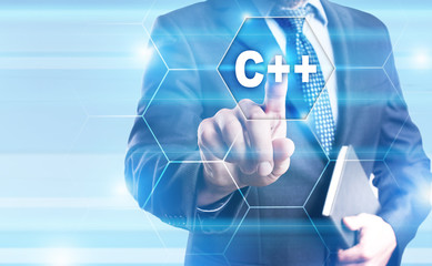 businessman is pressing on the virtual screen and selecting 
