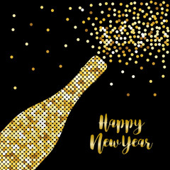 Glamour golden glitter champagne bottle opening as Happy New Year card